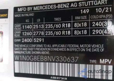 2022 Mercedes-Benz Glc 300 4Matic Suv из США, поврежденный, VIN W1N0G8EB8NV330637